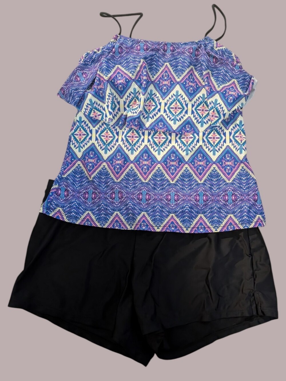 VGUC SO Zero Xposure Purple Patterned Tankini Top with Black Swim Shorts Large
